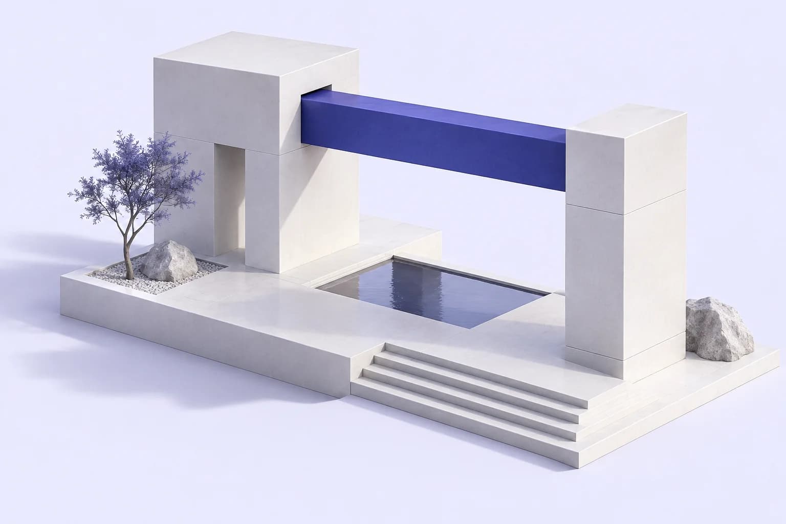 A simple white architectural model connected by a single indigo beam