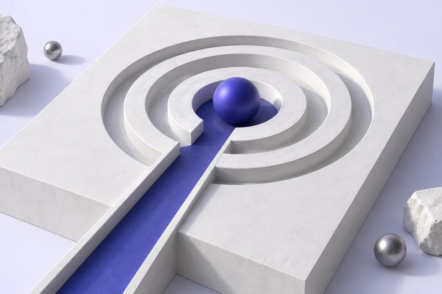 An indigo path leading to a sphere at the center of a sculpted target